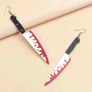 Halloween scary large bloody knife black red silver dangle drop earrings festive